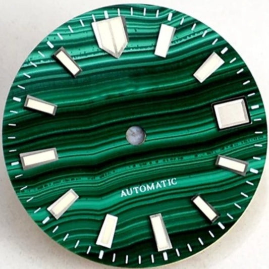 Green Big Nail 28.5mm natural malachite watch dial with natural vein and blue lume for NH35 movement.