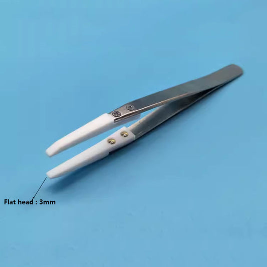 Flat head PTFE tweezer, acid & alkali resistant, high-temp & anti-static for precision handling.