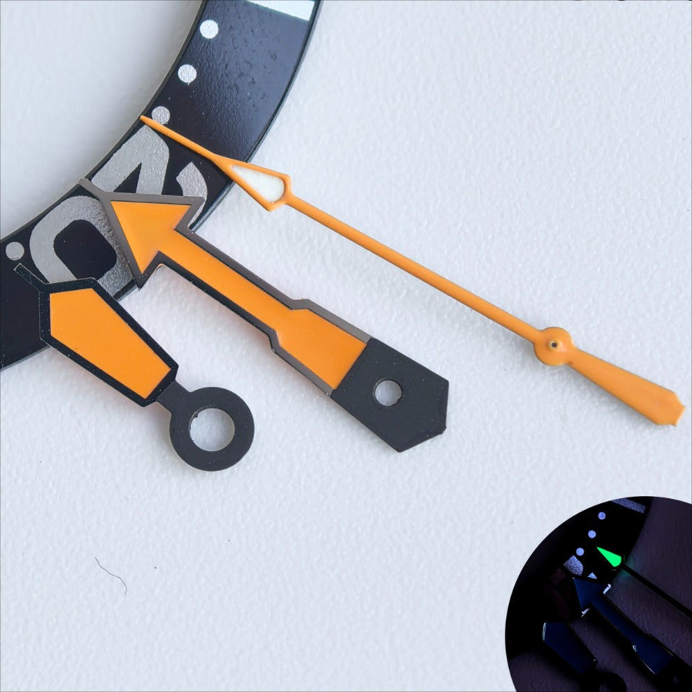 Dark grey trim watch hands with bright orange second hand and green lume for NH35/36 movement.
