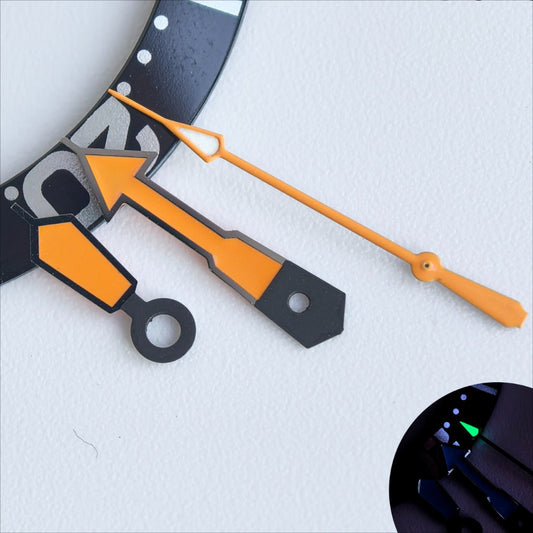 Dark grey trim watch hands with bright orange second hand and green lume for NH35/36 movement.