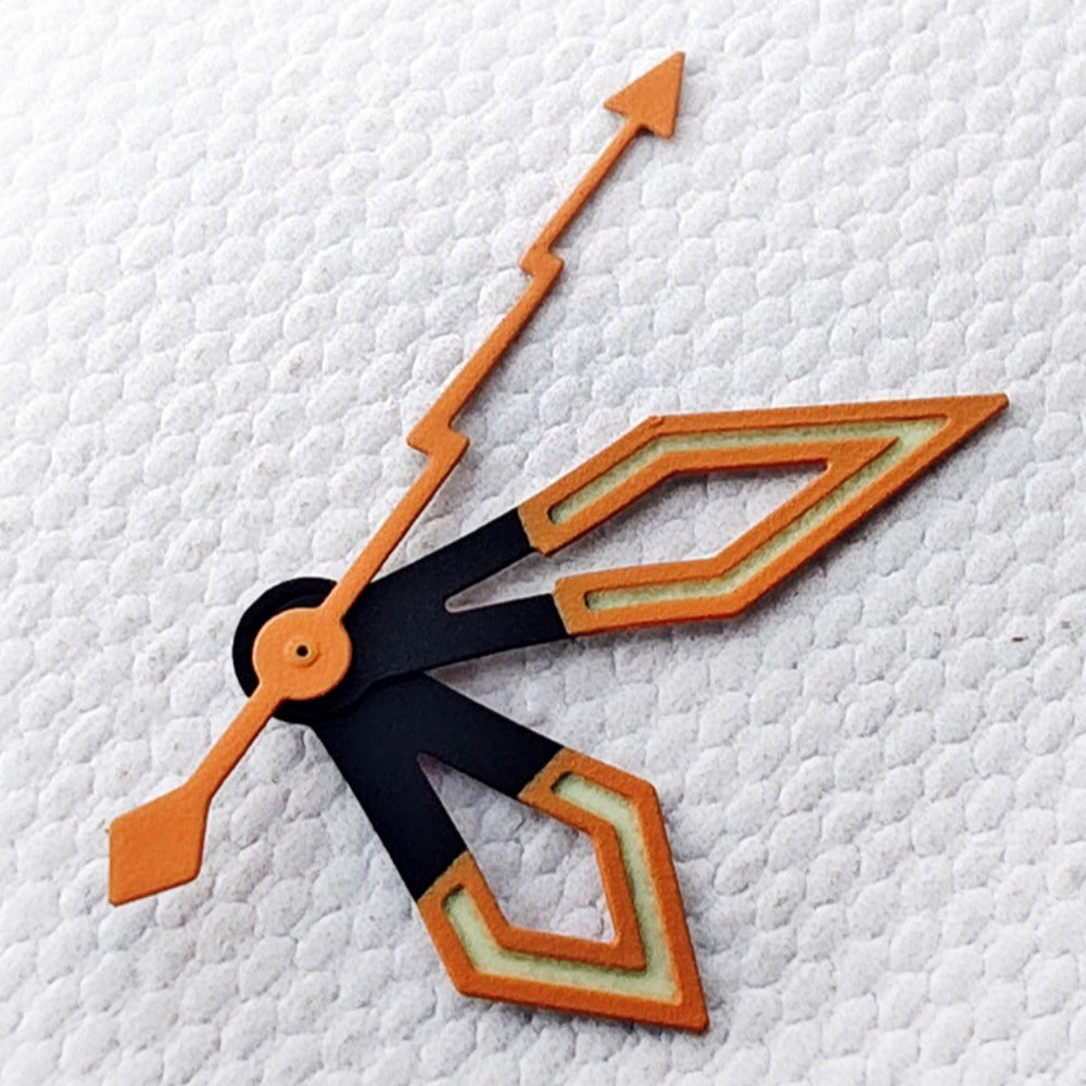 Butterfly C3 green lume watch hands with durable orange tips for NH34 series by Butterfly brand.