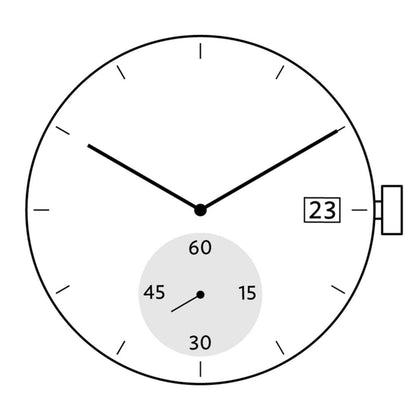 Ronda 6004D quartz watch movement showing date windows at 3 and 6 o'clock for accurate timekeeping.