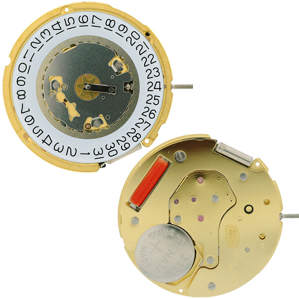 Ronda 6004D quartz watch movement with date windows at 3 and 6 o'clock, precise timekeeping for watches.