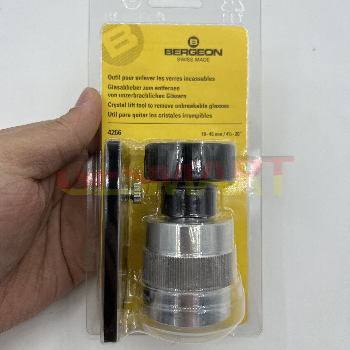 Bergeon 4266 crystal remover tool lifting watch crystals 10-45mm with precision and ease for repairs.