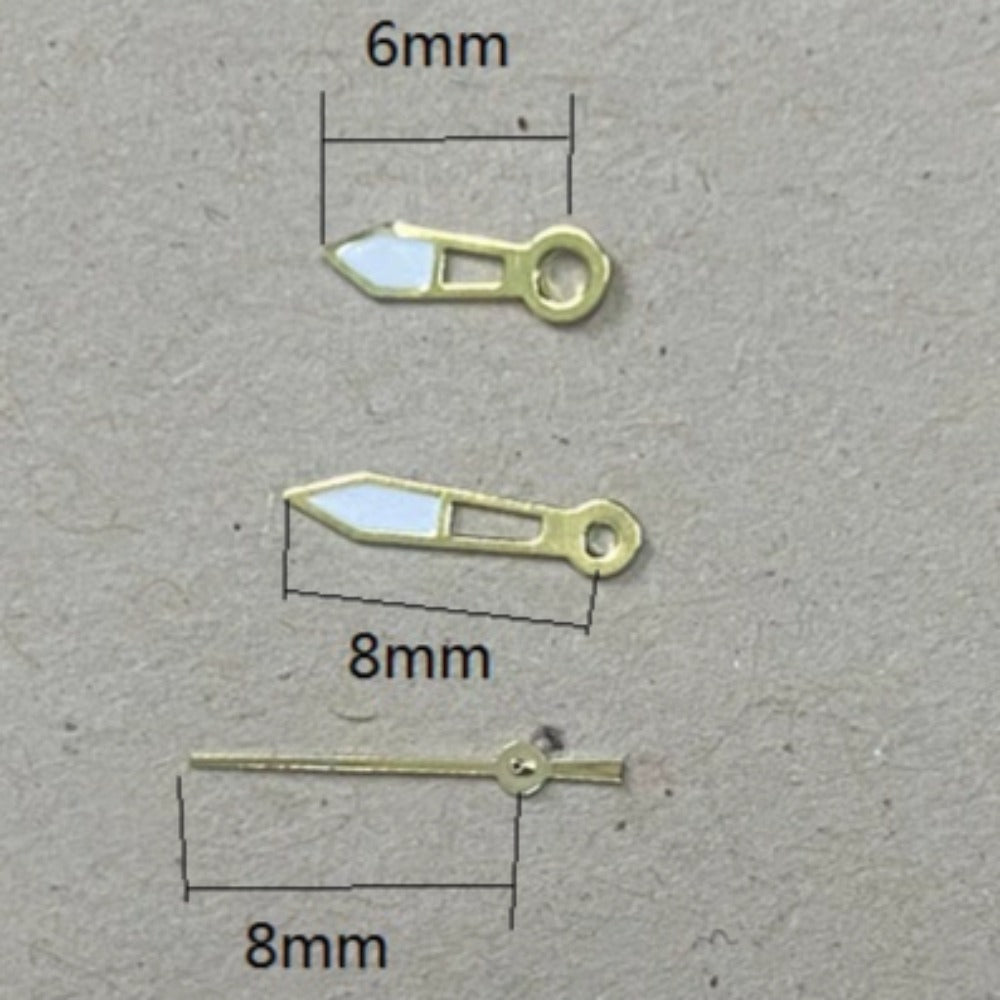 Golden Trim Hollow Lume watch hands, 8x8x6mm, compatible with Miyota 2035 quartz movement, for stylish timepieces.