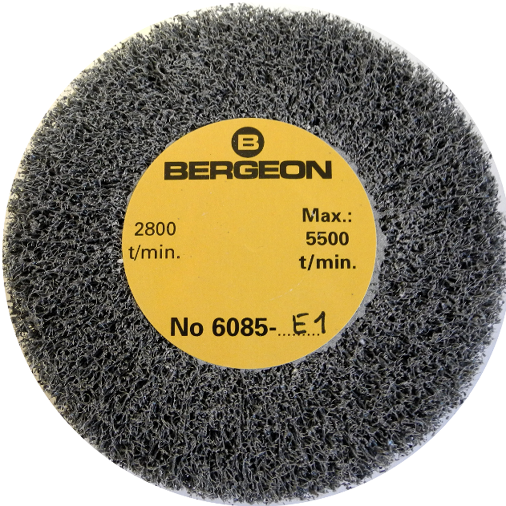 Bergeon 6085-E1 medium abrasive satin finishing wheel for precise watch polishing and metal smoothing.