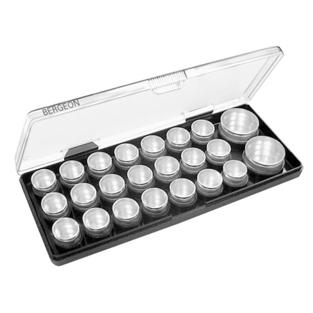 Bergeon 6088-E aluminum storage box with 21 compartments for organizing watch accessories.