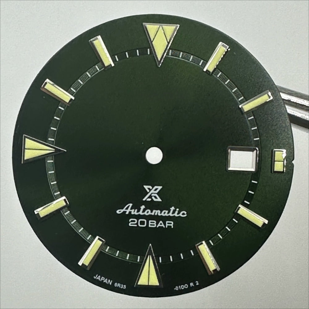 Dark green 34mm Datejust watch dial with silver trim and luminous markers for 8215 8200 movement.