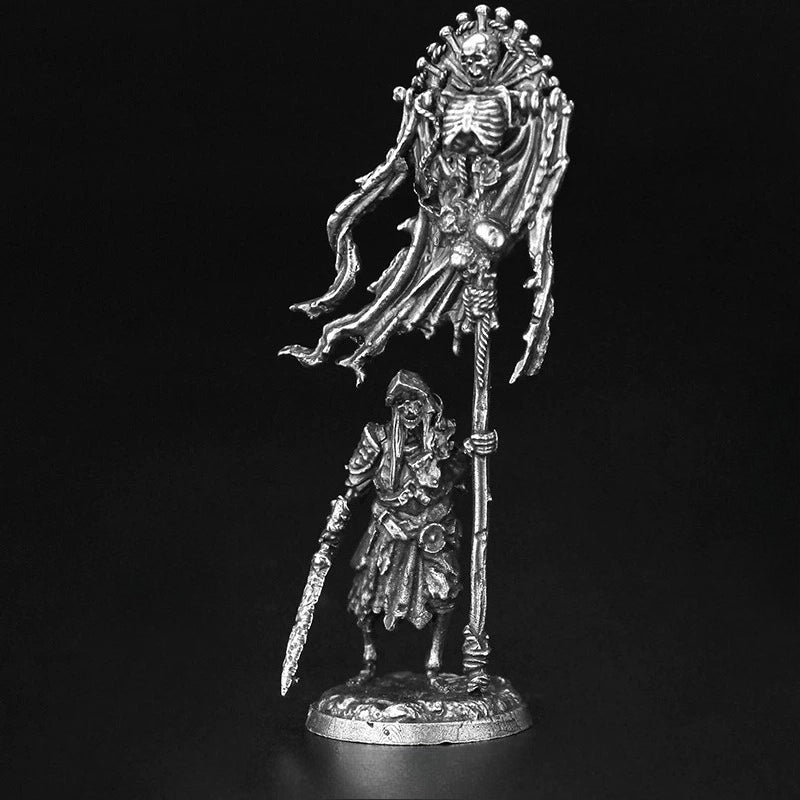 White Brass Figurine Undead Skeleton Standard Bearer Miniature - Tattered Skull Banner Figure