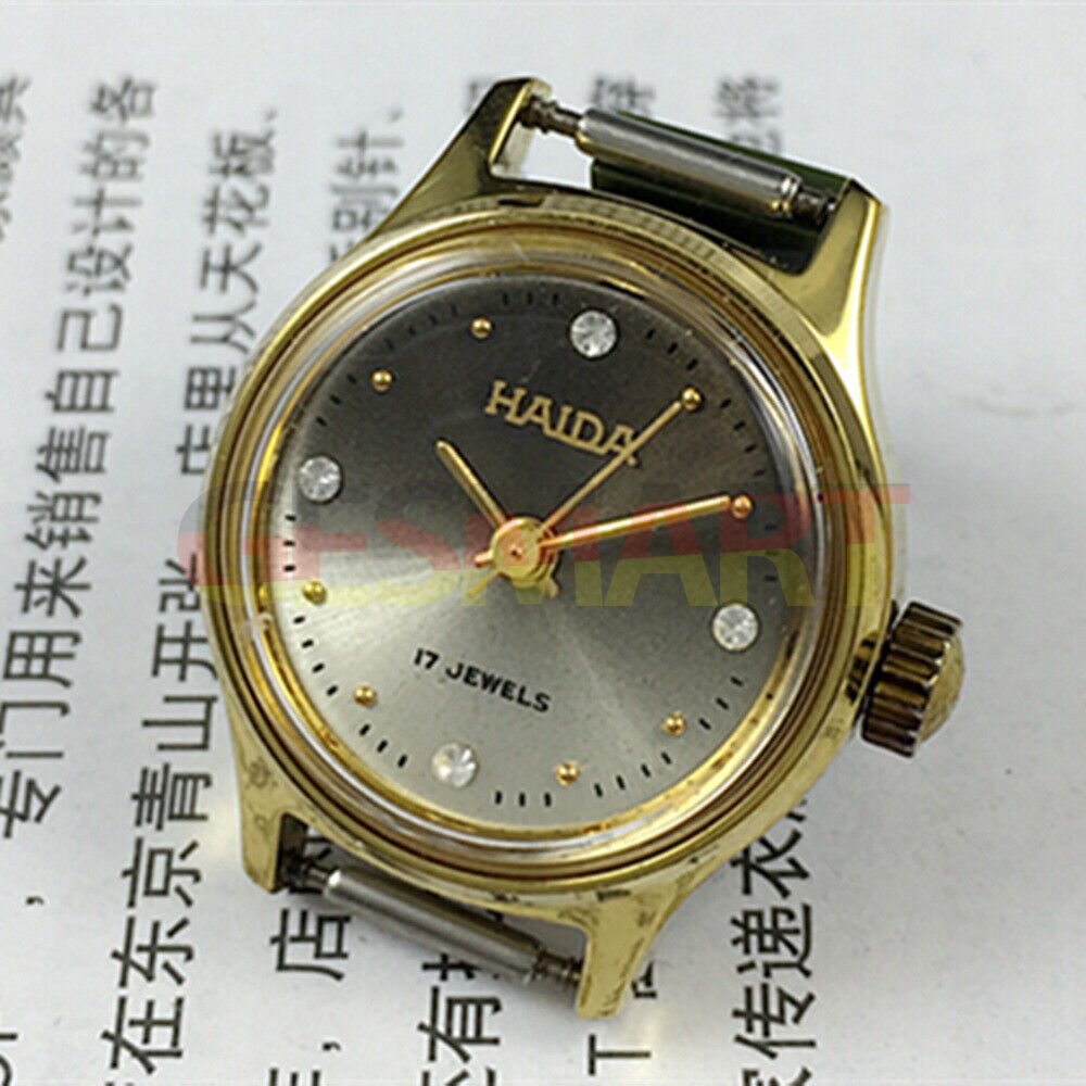 SHANGHAI HAIDA Montre mécanique manuelle pour femme, boîtier doré, imitation diamant, clou