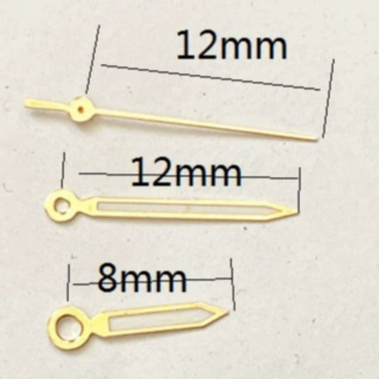 Golden Trim Lume arrow-shaped watch hands for Miyota 2035 quartz movement, precise timekeeping accessory.