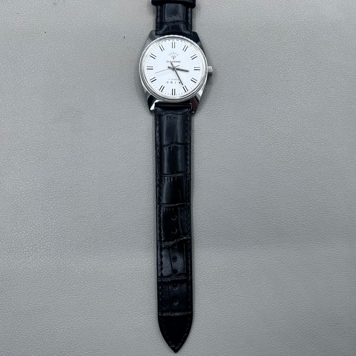 38mm DIAMOND Black Strap Manual Mechanical Watch 17 Jews White Dial Silver Case
