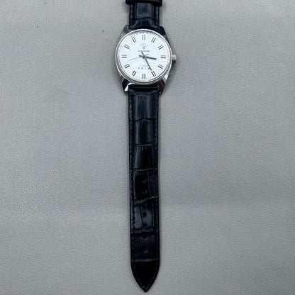 38mm DIAMOND Black Strap Manual Mechanical Watch 17 Jews White Dial Silver Case