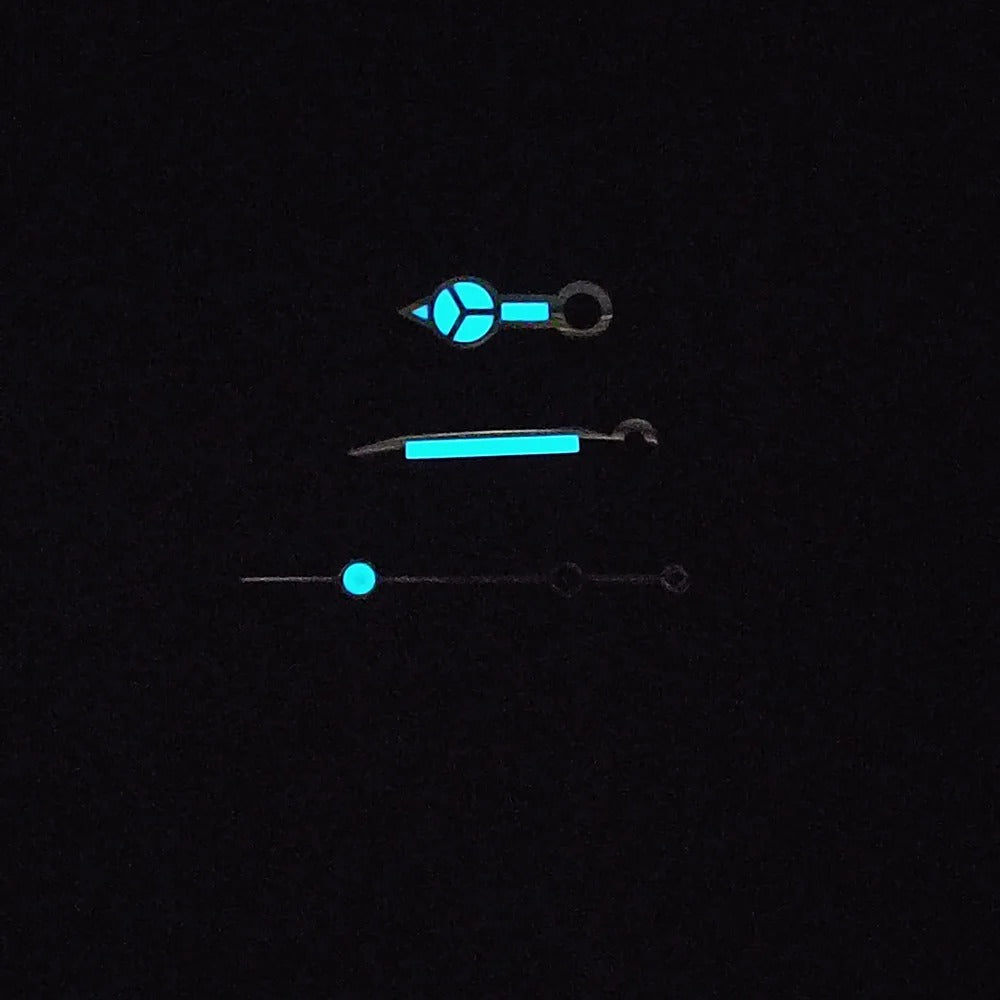 Blue-green luminous watch hands compatible with NH35, NH36, ETA 2836, 2824, Miyota 8205, 8215 movements.