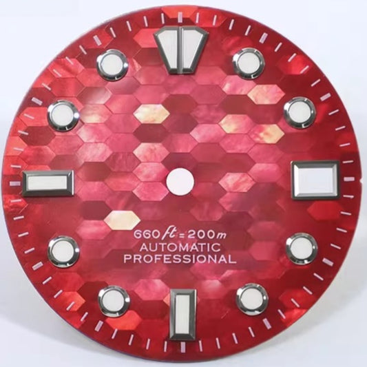 Red No Logo 28.5mm natural seashell watch dial with blue luminous markers for NH35 movement.