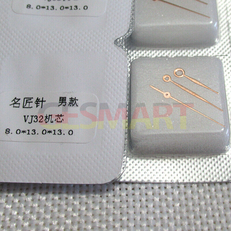 Golden green luminous watch hands for Epson VJ32 movement, 8x13x13mm, Rose Golden finish.