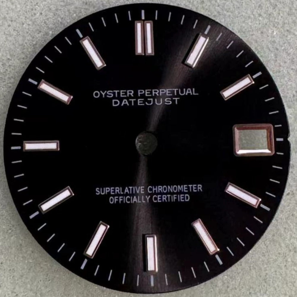 Rose gold trimmed Datejust watch dial with green lume, compatible with NH35 movement, sleek black background, brand detail.