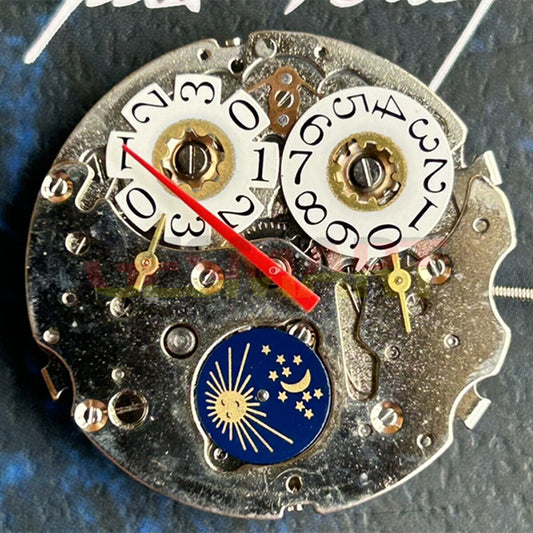 Seagull T16 watch with big date at 12 and moon phase at 6, automatic mechanical movement, China-made.