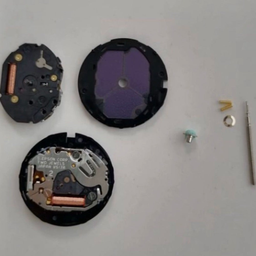 Epson VS17 Eco-Drive solar watch movement with 3-hand display for accurate timekeeping.