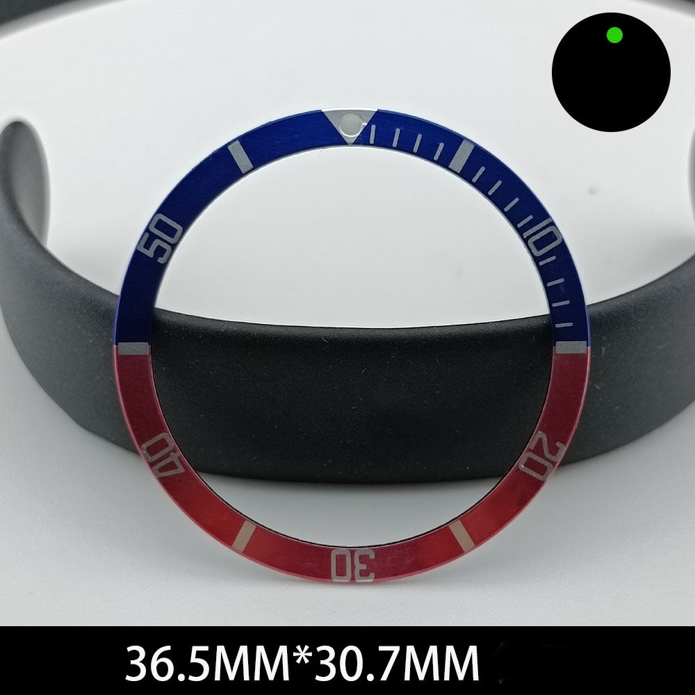 Green lume aluminum watch bezel with blue and red slope, white font, 36.5/30.7mm for precise timing.