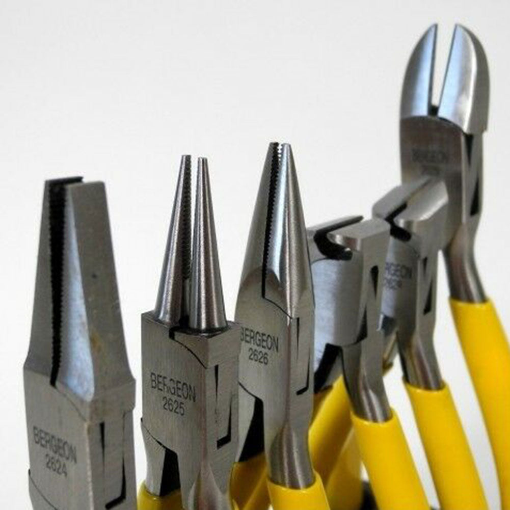 Bergeon 6283 six-piece corrugated nose pliers set with stand for precise watch accessory adjustments.