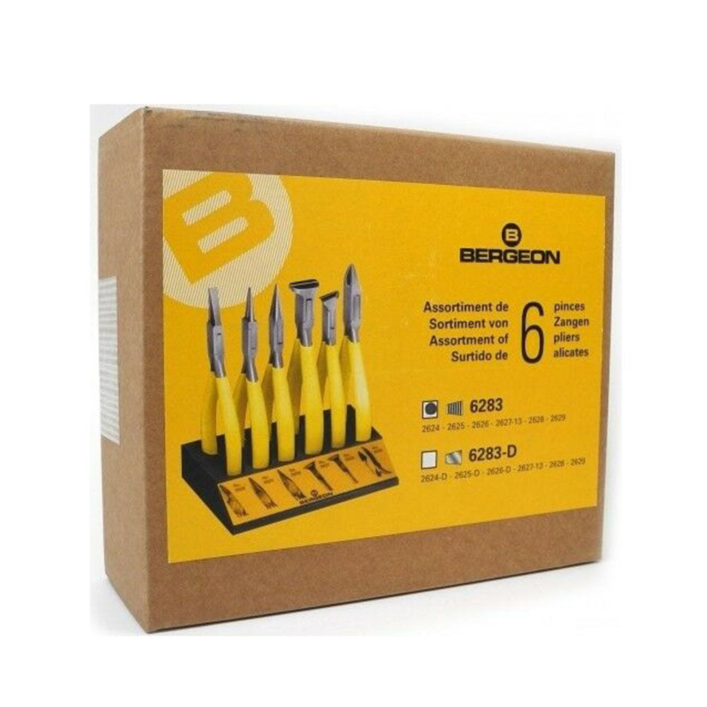 Bergeon 6283 set of 6 corrugated nose pliers on stand for precise watch accessory adjustments and repairs.