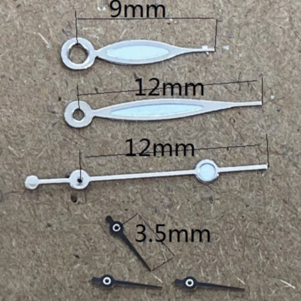 12mm silver trim watch hands with black accents for Miyota OS10 OS20 OS30 movements.
