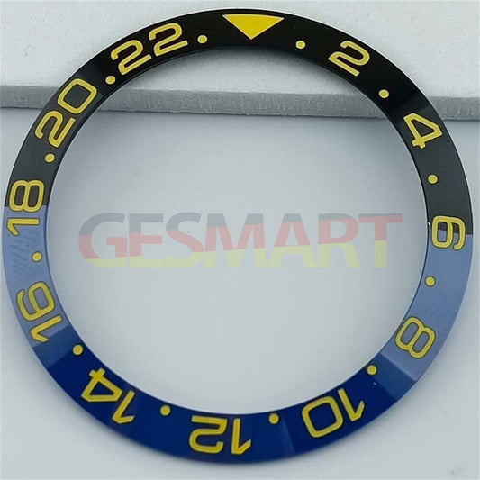 Ceramic blue and black GMT bezel ring with yellow font for 38mm SUB watch.