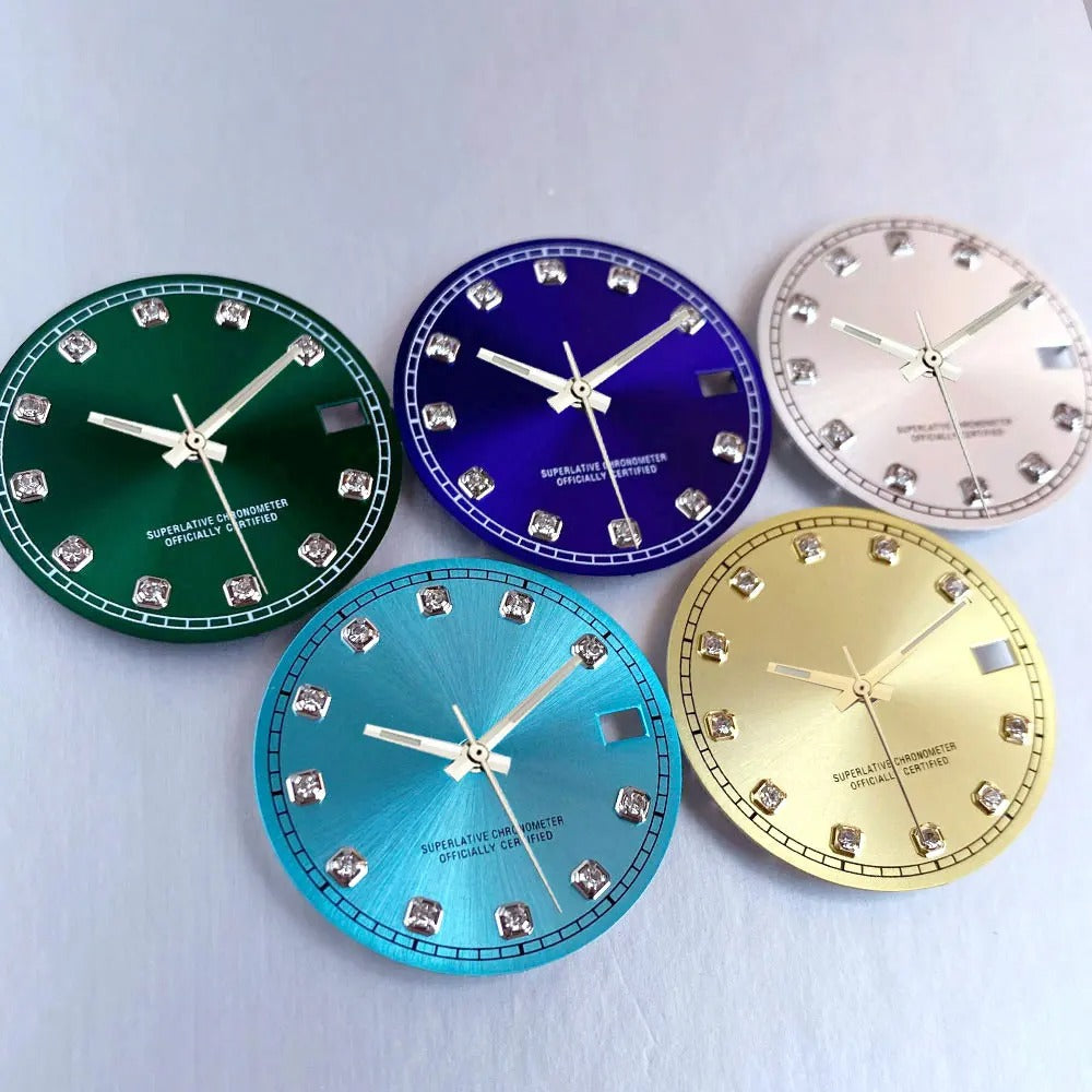 Mod Diamond Index 28.5mm watch dial in silver blue green, compatible with NH35A NH36A automatic movements.