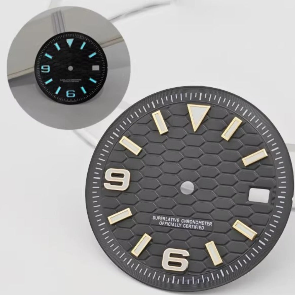 31mm black modified Golden Nail dial for NH35 NH36, sleek design without logo, ideal for diving watches.