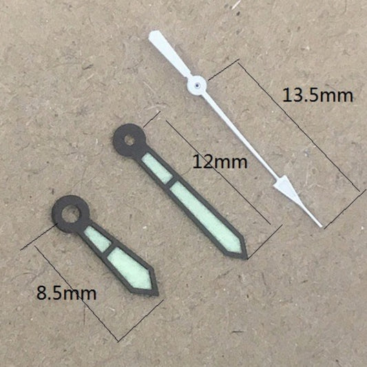 13,5 mm Uhrzeiger-Set mit schwarzem Rand und grüner Leuchtmasse für das Quarzwerk Ronda 515