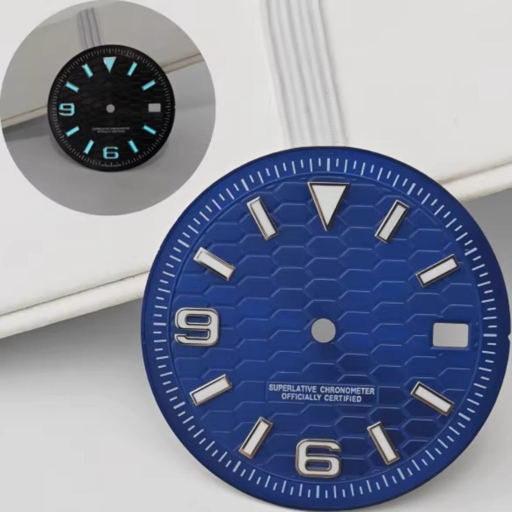 31mm blue honeycomb diving watch dial, modified for NH35 NH36 movements, no logo, compatible accessory.