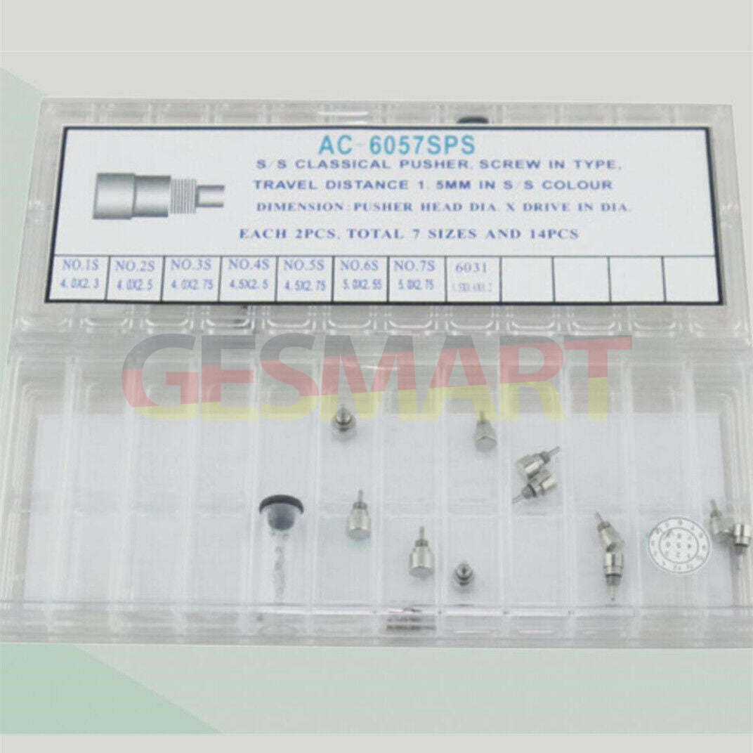 1. Set of 14 stainless steel watch pushers in 7 sizes, classic silver finish.  