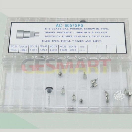 1. Set of 14 stainless steel watch pushers in 7 sizes, classic silver finish.  