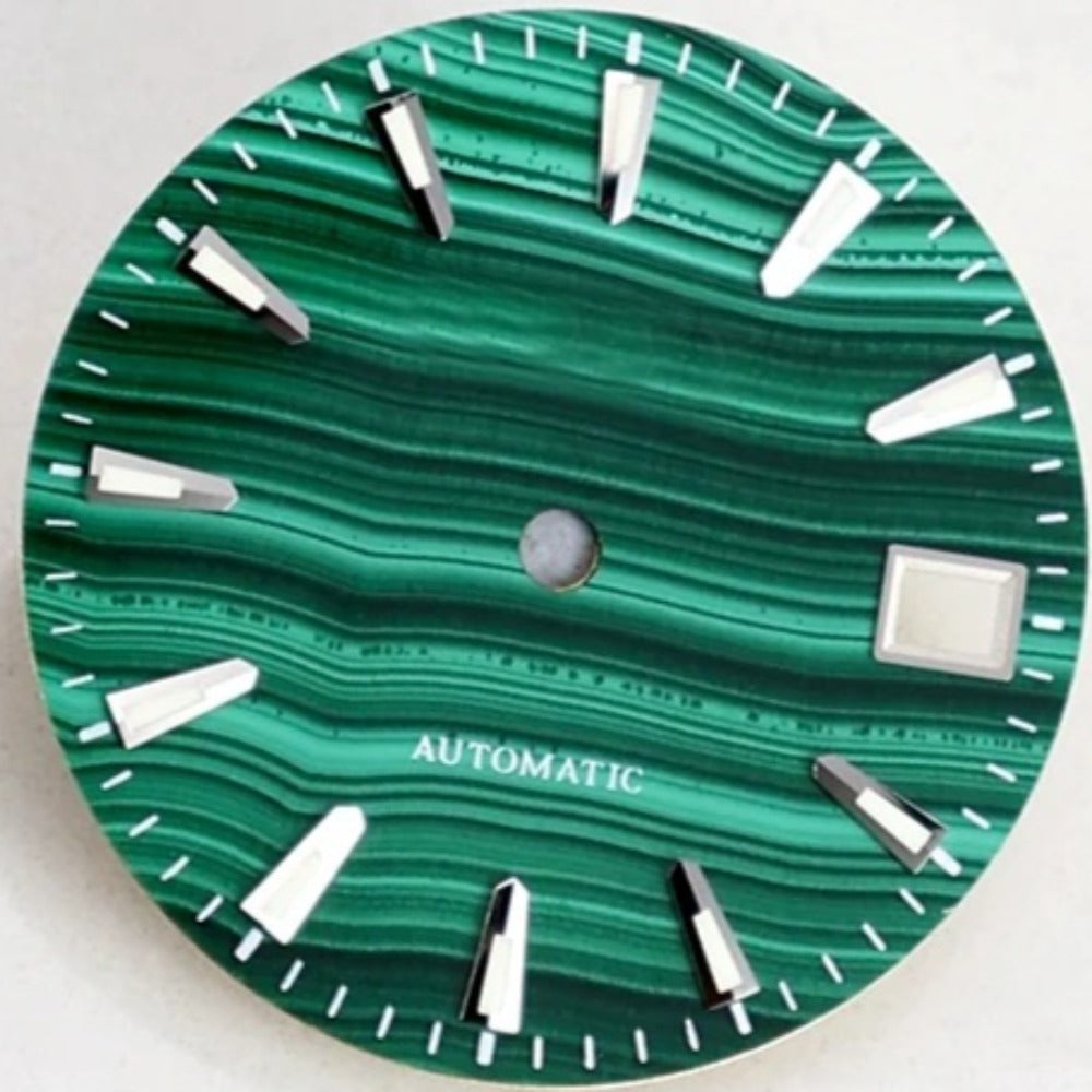 Grass Green 28.5mm Natural Malachite watch dial with green lume, compatible with NH35 movement.