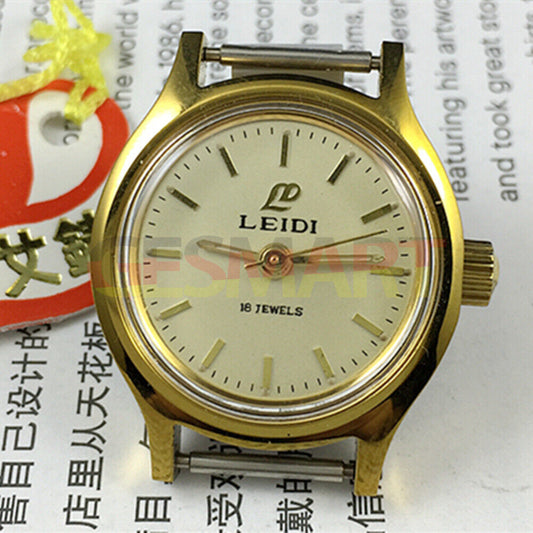 Leidi 27mm steel manual mechanical lady watch with 18 jewels and golden dial, paired with matching watch band.