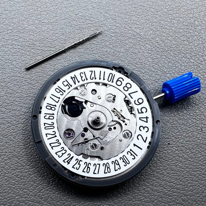 Seiko NH35A watch movement with black dial, 24 jewels, and date display at 6 o'clock for watch repairs.