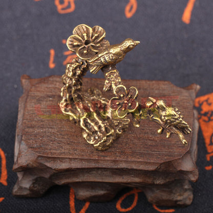 Hand-carved bronze magpie on solid copper blooming flowers trinket, elegant watch accessory storage.