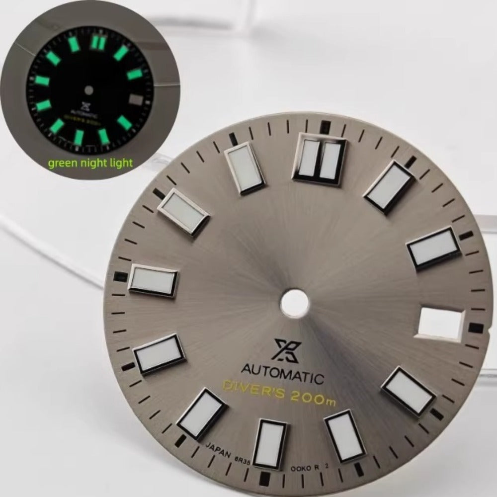 28.5mm Light Grey with Green Lume Watch Dial Fit for NH35 NH36 Movement No Logo Diver's 200m