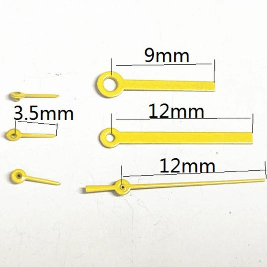 Aiguilles de montre carrées pointues peintes en jaune de 12 mm pour mouvement à quartz Miyota JS15