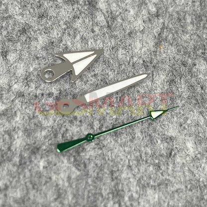 Green luminous watch hands with black, silver, and golden trim for NH35/NH36 movement, stylish and functional.