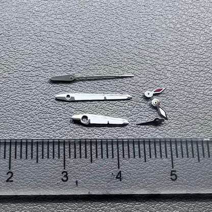 Red and white small second watch hands with silver trim for PE70 movement