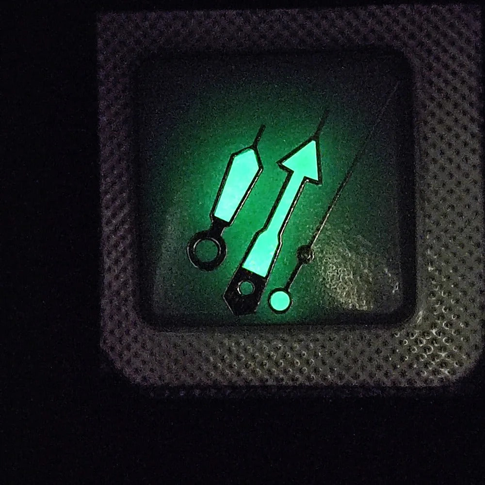 Pointer watch hands in green and blue with Super Luminous finish, compatible with NH 35 NH36 movements by Pointer.