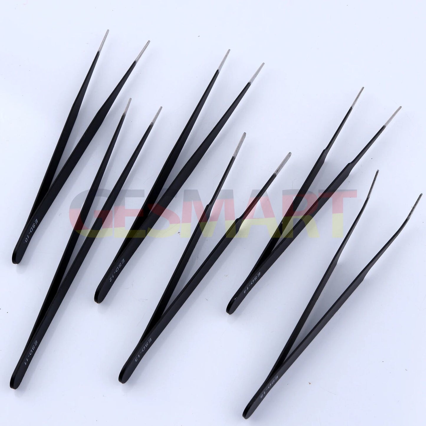 Set of 6 anti-static stainless steel black plating tweezers in PVC bag for watch and jewelry repair.