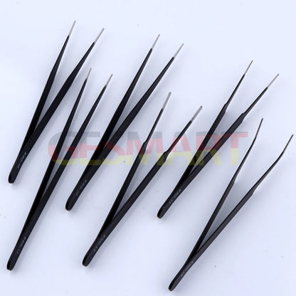 Set of 6 anti-static stainless steel black plating tweezers in PVC bag for watch and jewelry repair.