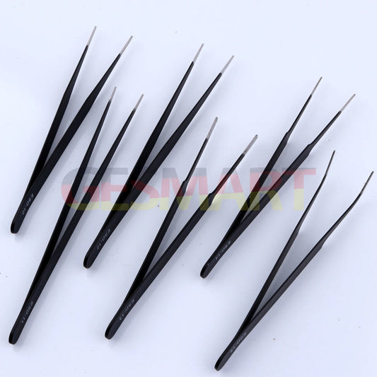 Set of 6 anti-static stainless steel black plating tweezers in PVC bag for watch and jewelry repair.