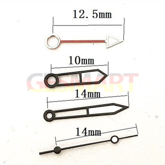 Black trim green luminous hollow watch hands designed for Miyota 8205 movement, enhancing readability and style.