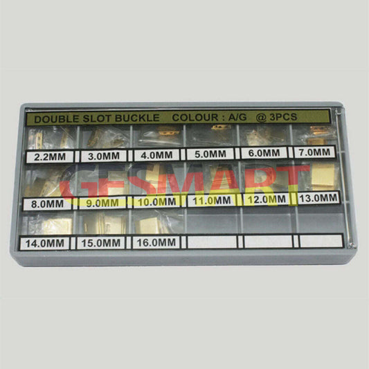 Double slot clip buckle for metal watch bands, 15 sizes (2.2mm-16mm), 45PCS box.