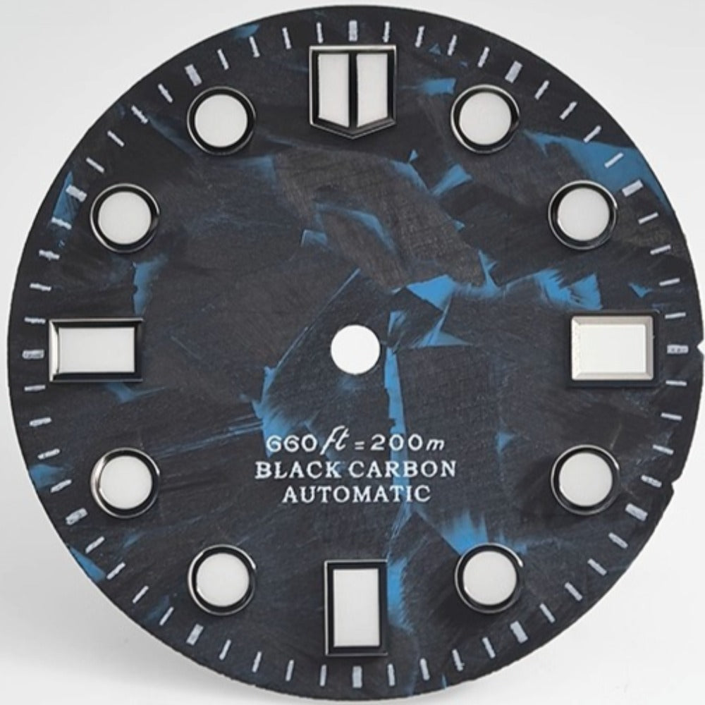 Round 28.5mm carbon fiber black and blue watch dial with lume for NH34/35, ideal for precision timepieces.