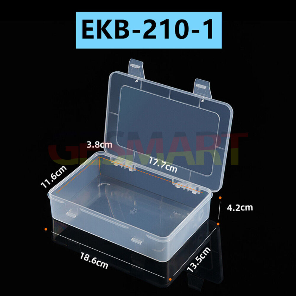 Set of 3 clear toolbox containers 4.2x18.6cm with hinged lids for organized accessory storage.